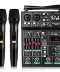 5 Channel Audio Mixer With Dual Wireless Microphones For Live Streaming And Family Karaoke And Studio Recording Bluetooth Connectivity USB Interface And 48V Phantom Power For A Complete Home Studio Setup, showing mixer controls and microphones.