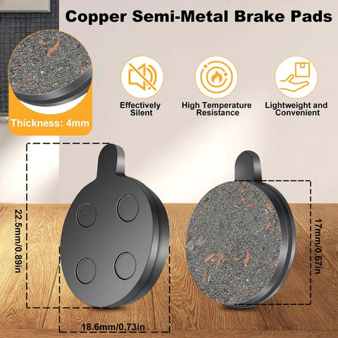Four Pack Semi Metal Disc Brake Pads For 10 Inch Electric Scooters Replacement Brakes With Strong Grip, copper semi-metal pads with dimensions displayed.