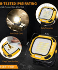 6000mAh Magnetic Work Light Rechargeable With 4000 Lumen IP65 Waterproof 30 Hour Runtime Four Brightness Modes And Four Color Modes Including Red SOS Strong Magnet Base For Car Repair Camping And Emergency Use, shown with waterproof and dustproof features.