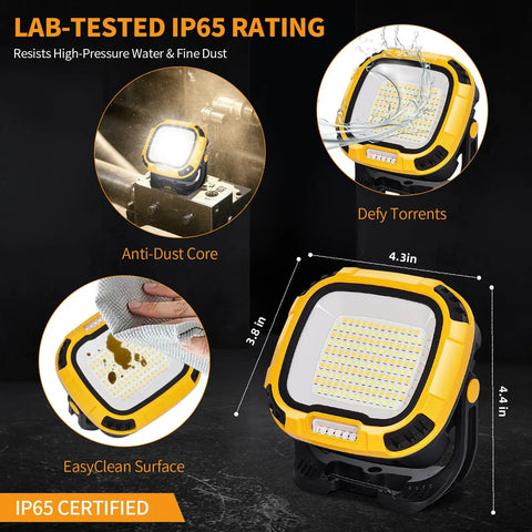 6000mAh Magnetic Work Light Rechargeable With 4000 Lumen IP65 Waterproof 30 Hour Runtime Four Brightness Modes And Four Color Modes Including Red SOS Strong Magnet Base For Car Repair Camping And Emergency Use, shown with waterproof and dustproof features.