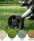 Close-up of lawn with metal wheel of Garden Hose Reel Cart With 150 Feet Of 5/8 Inch Hose, Aluminum Frame, Rust Resistant Reel.