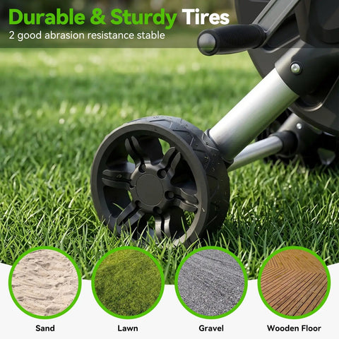 Close-up of lawn with metal wheel of Garden Hose Reel Cart With 150 Feet Of 5/8 Inch Hose, Aluminum Frame, Rust Resistant Reel.