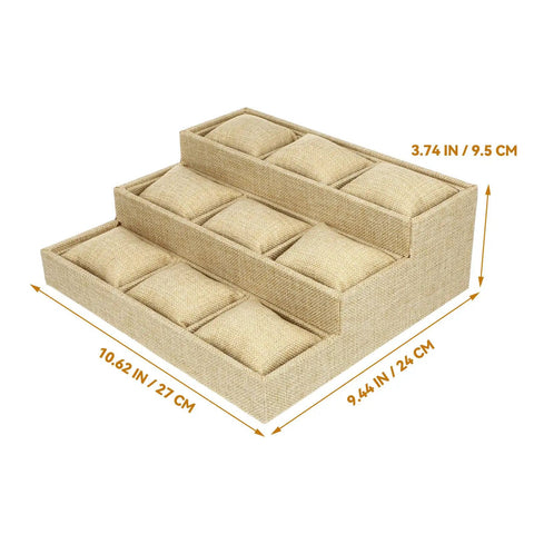 Dope 9 Grid Watch Tray And Jewelry Organizer With Tough Linen Display Plate For Watches And Accessories Featuring Sleek Angled Shape Smooth Storage, khaki linen, three-tiered design.