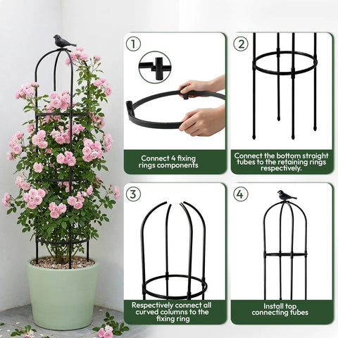 Two Pack Garden Obelisk Trellis For Climbing Plants 6 Foot Adjustable Height installed step-by-step with pink flowers in pot