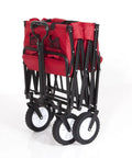 Folded view of the Extended Collapsible Folding Outdoor Utility Wagon With Large Capacity 46 Inch Long By 17.5 Inch Wide By 10.5 Inch High Quick Setup No Assembly Red
