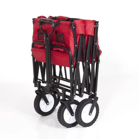 Folded view of the Extended Collapsible Folding Outdoor Utility Wagon With Large Capacity 46 Inch Long By 17.5 Inch Wide By 10.5 Inch High Quick Setup No Assembly Red