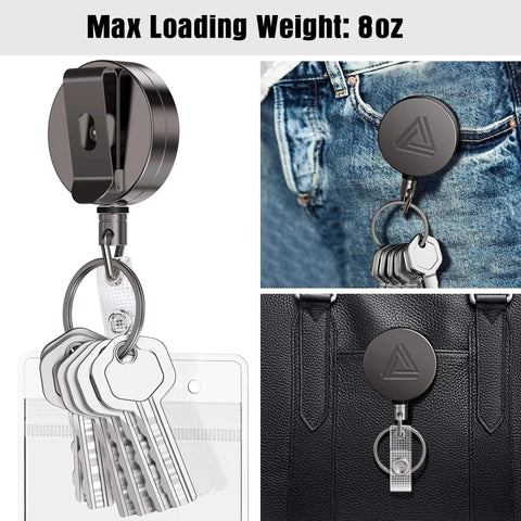 Two Pack Heavy Duty Metal Retractable Badge Holder Reels With Belt Clip And Waterproof Vertical Clear ID Card Holder Plus Two Extra Carabiner Key Ring Clips 30 Inch Dyneema Pull Cord Durable Office Access Kit showing badge reels attached to jeans and bag.