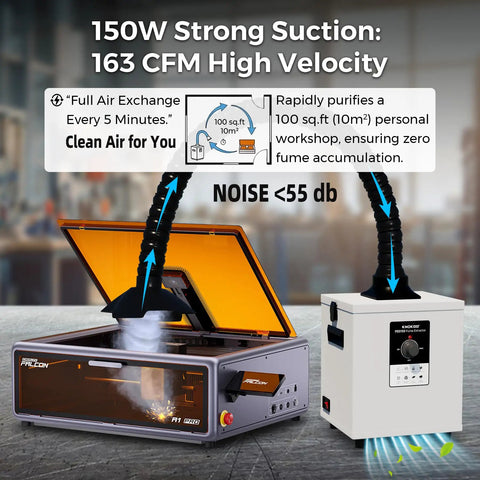 Heavy Duty 150 Watt Brushless Solder Fume Extractor With Blasting 163 Cfm Airflow shown with laser cutter, demonstrating fume extraction.