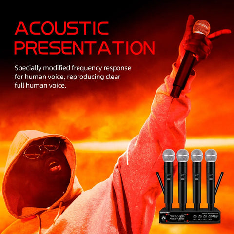 Performer with VM304 VHF Wireless Microphone System With Four Handheld Mics And XLR Outputs For Home Karaoke Weddings Or Conferences.