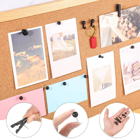 Hella Versatile 200 Pcs Push Pins And Heavy Duty Thumb Tacks For Bulletin Board Cork Wall Organizers with black push pins and cork board.