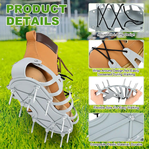 Lawn Aerator Shoes With Wrap Around Lacing And 22 Nails For Deep Soil Aeration In Yards, Patios And Gardens, close-up view