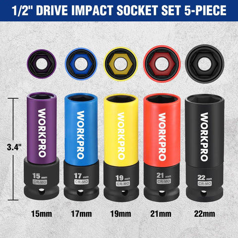 Non-Marring 1/2-Inch Drive Lug Nut Socket Set, 5-piece with 15mm, 17mm, 19mm, 21mm, 22mm, shown with thin-wall wheel protectors