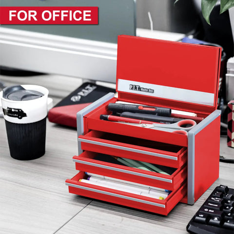 Portable Three Drawer Steel Tool Box Set In Red With Magnetic Tab Locking on office desk
