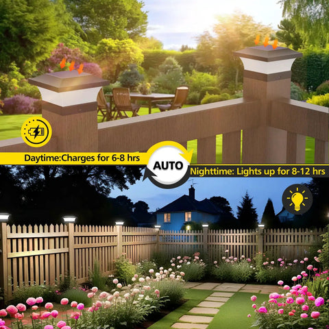 Brighten Your Outdoor Space With Solar Post Cap Lights For 4x4 Wooden Posts Waterproof LED 6000K Cool White Outdoor Deck Patio Garden Fence Two Pack Bundle showing day and night usage