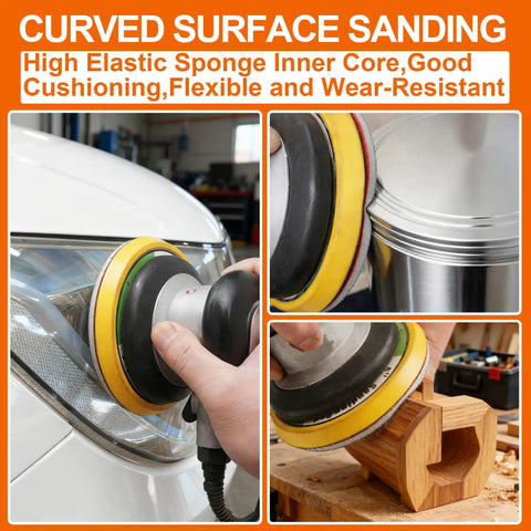 Five Inch Sanding Sponge Discs Set With Hook And Loop Backing on car, metal, and wood surfaces
