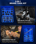 2 In 1 Brake Caliper Compression Tool Set With 32 Pieces For Disc And Drum Brakes, Pro Grade Gear Kit open blue case