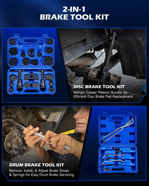 2 In 1 Brake Caliper Compression Tool Set With 32 Pieces For Disc And Drum Brakes, Pro Grade Gear Kit open blue case