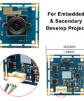Front view of 1080P USB camera module with plug and play setup high speed 30 60 100fps CMOS OV2710 sensor in compact 38x38mm design.