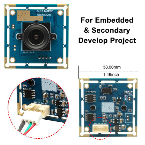 Front view of 1080P USB camera module with plug and play setup high speed 30 60 100fps CMOS OV2710 sensor in compact 38x38mm design.