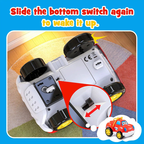 Bottom view of Tot Friendly Remote Control Car for Kids Ages 2 to 4 showing wake-up switch, cartoon RC vehicle design.