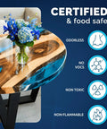 Deep Pour Epoxy Resin Kit 51 Oz for 2 Inch Pours on river table with flowers, showing certified food safe properties.