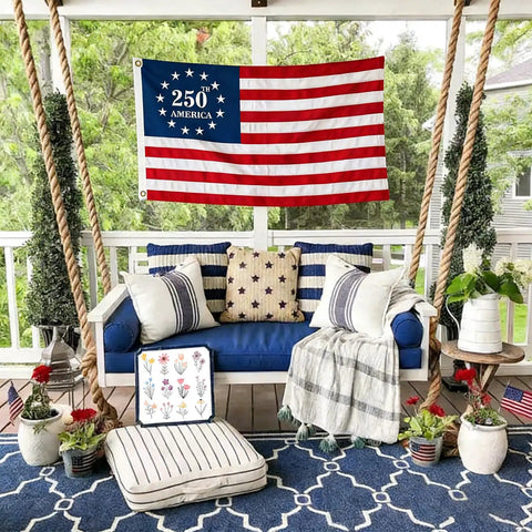 Double Sided 3 Ply 250th Anniversary American Flag 3 By 5 Feet displayed on porch with patriotic decor, celebrating 250 years.
