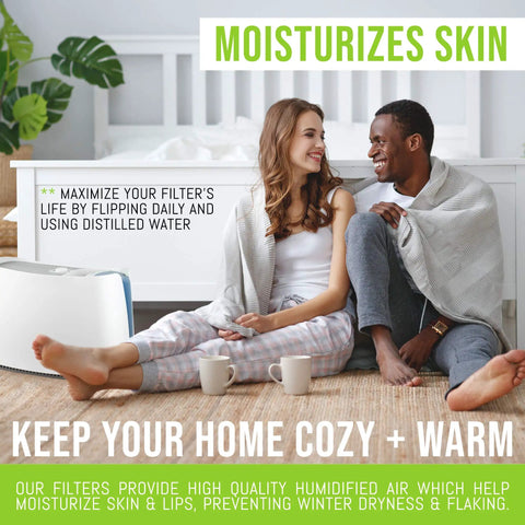 Happy couple enjoying clean air with 4 Pack Premium Replacement Humidifier Filters For Holmes HWF62 HWF62CS, promoting skin moisture.