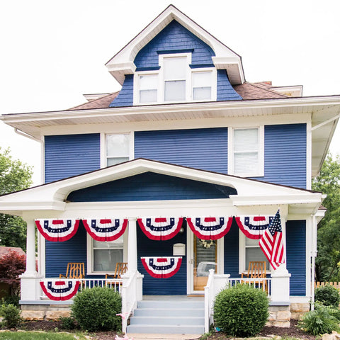 Three Piece Pleated Fan All American Flags Set 1.5x3 Ft Red White Blue Banners For 4th of July Memorial Day Veterans Day on a porch