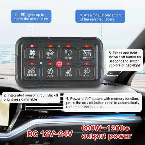 8 Gang Switch Panel With Built In Relay And Fuse Wiring Harness for Pickup Truck Boat ATV UTV Universal Circuit Control System Auto Dimming LED Switch Pod shown in vehicle