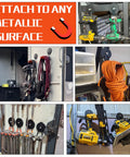 Collage showing Magnetic Garage Hooks Set, Heavy Duty Tool Organizer For Drills And Garden Tools in various storage scenarios