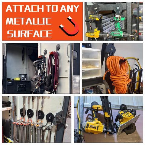 Collage showing Magnetic Garage Hooks Set, Heavy Duty Tool Organizer For Drills And Garden Tools in various storage scenarios