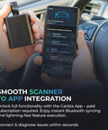 EVO Bluetooth OBD2 Scanner For Any Car Diagnostic Tool Code Reader With Live Data And Customizations Plus Service Tools Access Subscription Required For Advanced Diagnostics shown with app interface on a smartphone
