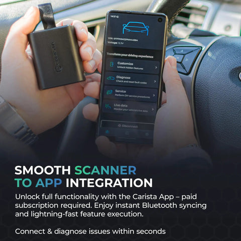 EVO Bluetooth OBD2 Scanner For Any Car Diagnostic Tool Code Reader With Live Data And Customizations Plus Service Tools Access Subscription Required For Advanced Diagnostics shown with app interface on a smartphone