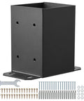 Hella Durable Heavy Duty Post Brackets 4 Pack Matte Black Wood Column Base Connectors For Deck Railing And Pavilion Support, with screws and wrench.