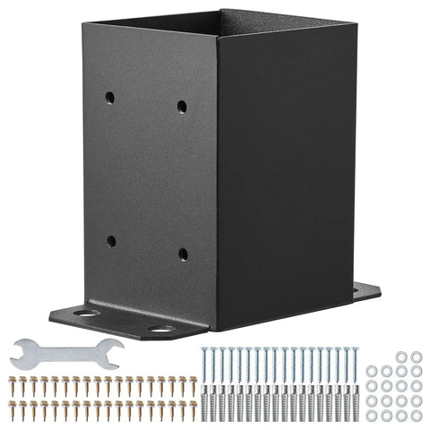 Hella Durable Heavy Duty Post Brackets 4 Pack Matte Black Wood Column Base Connectors For Deck Railing And Pavilion Support, with screws and wrench.