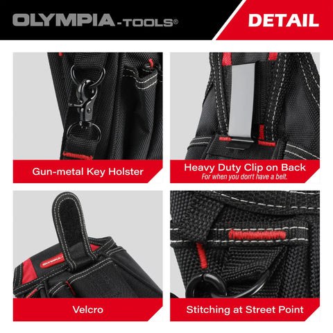 Close-up details of Open Top Tote Tool Bag With Steel Handles And Shoulder Strap 18.5 Inch Black And Yellow 44 Pockets Inside And Outside