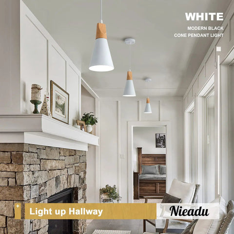 Three Pack White Modern Minimalist Pendant Lights Kit With Mounting Hardware And Instructions in a cozy living room setting