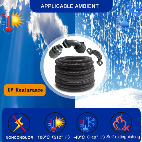 Ultra Flexible Liquid Tight PVC Electrical Conduit Kit, Half Inch Diameter, Fifty Feet, Black Finish, Includes Five Couplings