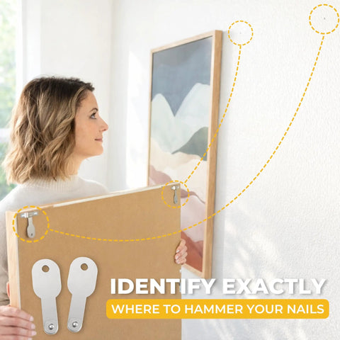 Woman using All In One Picture Hanging Kit With Level Tool And Sawtooth And Wire Hangers for precise wall mounting
