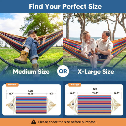 Outdoor Double Hammock Portable With Colorful Stripes Cocoon Style Comfort For Camping Medium and X-Large sizes shown
