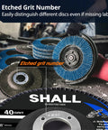 Shall flap discs set, blue zirconia grinding wheels for angle grinders, 4-1/2 in x 7/8 in with etched grit numbers