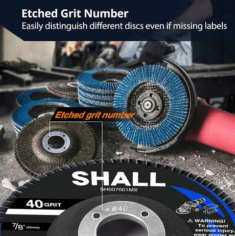 Shall flap discs set, blue zirconia grinding wheels for angle grinders, 4-1/2 in x 7/8 in with etched grit numbers