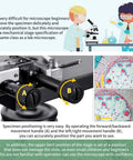Close-up of mechanical stage on kid friendly microscope kit for ages 8 to 12 with diagram of movement handles.