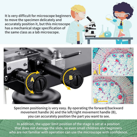 Close-up of mechanical stage on kid friendly microscope kit for ages 8 to 12 with diagram of movement handles.