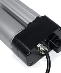 Close-up of 12V water resistant linear actuator with 2-inch stroke, stainless steel rod for industrial and solar use, IP66 rated.
