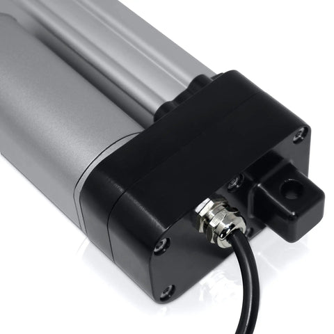Close-up of 12V water resistant linear actuator with 2-inch stroke, stainless steel rod for industrial and solar use, IP66 rated.
