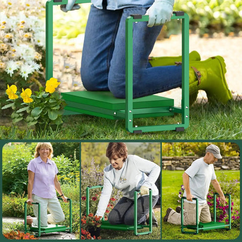 Heavy Duty Garden Kneeler And Seat With Extra Wide 10.2 Inch EVA Cushion in use, showing kneeling position for gardening, green.