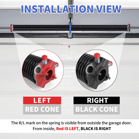 Heavy-Duty Garage Door Torsion Springs Set 225-2-25, 2-Inch Inside Diameter by 25-Inch Length installation view with red and black cones