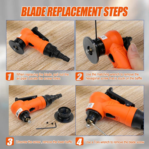 Blade replacement steps for Heavy Duty Pneumatic Chamfering Tool With Fast 30K RPM Speed For Precision Metal Deburring And Edge Trimming Adjustable Depth Control For Sleek Arc Corners and Linear Bevels Easy Handling Orange Finish.