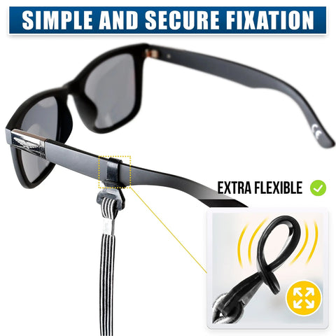 Glasses Strap For Men And Women Non Slip Clip Eyeglass Holder Around Neck Retainer Cord shown with secure loop on sunglasses.